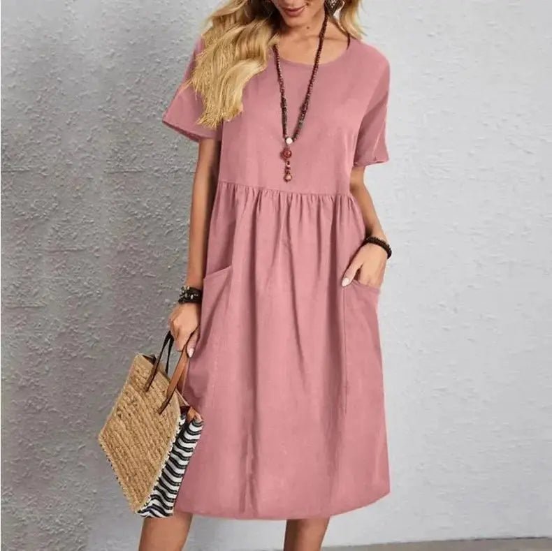 Mira | Navy Short - Sleeve Gathered Midi Dress - Benjamin New York