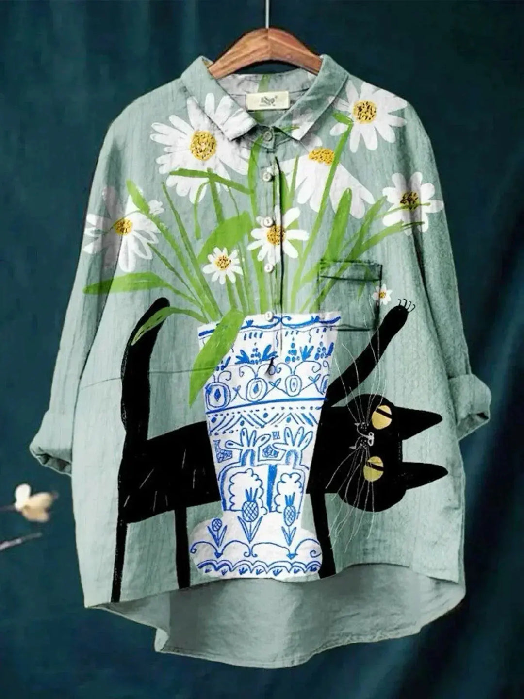 Ivy | Cat & Daisies Artistic Linen Shirt - Benjamin New York
