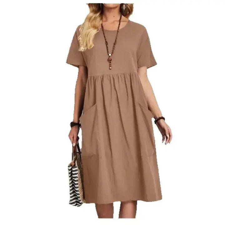 Mira | Navy Short - Sleeve Gathered Midi Dress - Benjamin New York