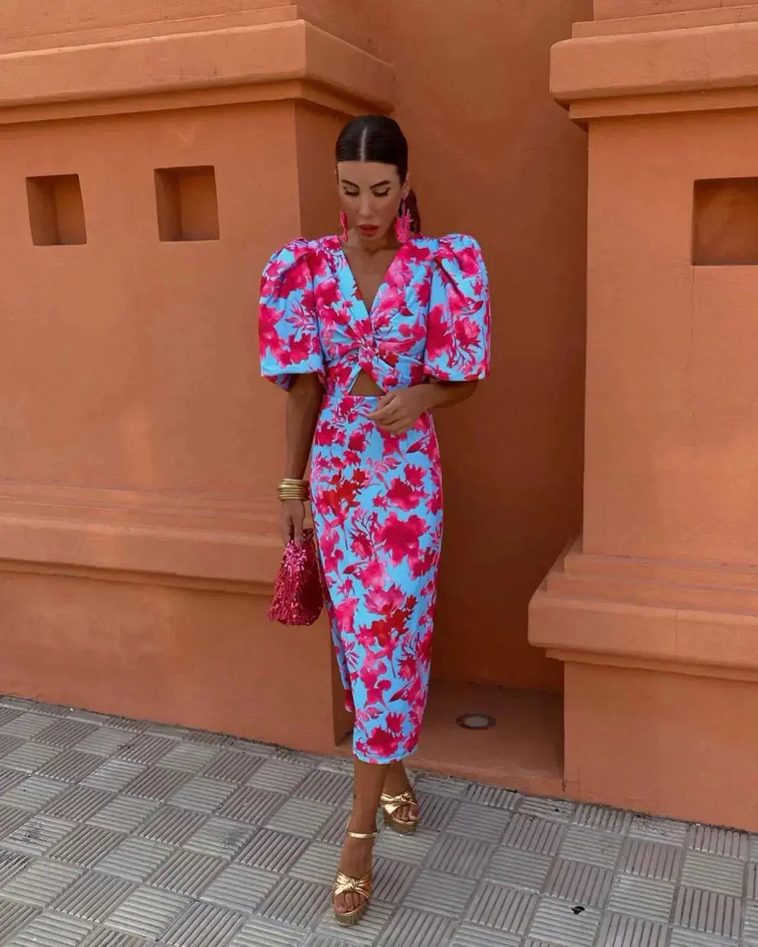 Flora | Bold Puff - Sleeve Cut - Out Midi Dress - Benjamin New York