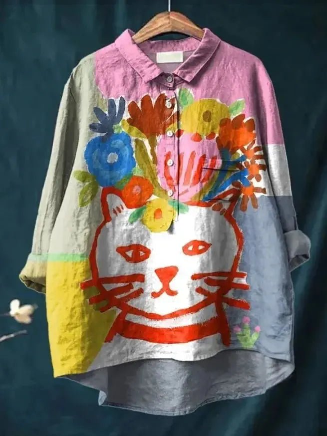 Zoe | Floral Crown Cat Linen Shirt - Benjamin New York