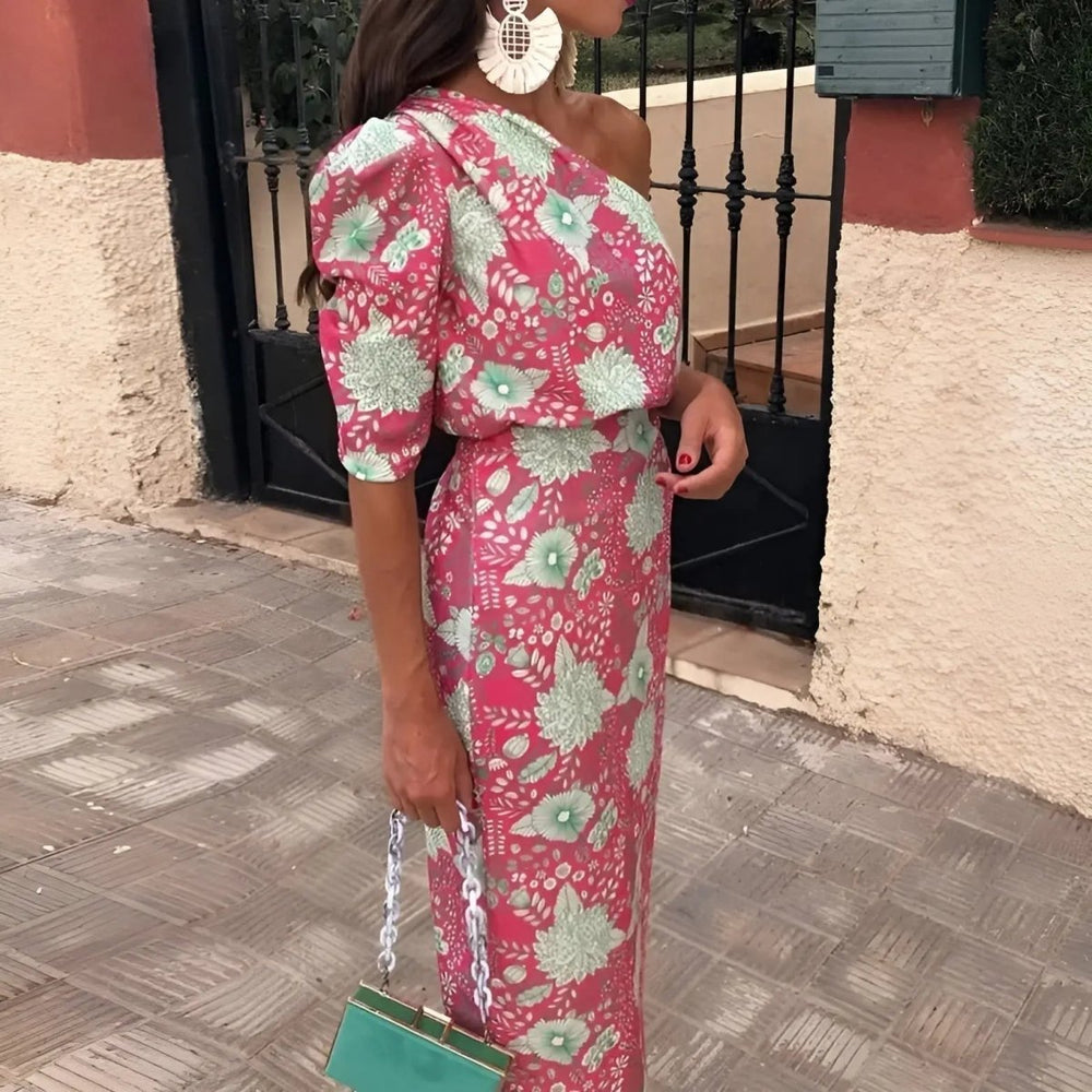 Isla | Elegant One - Shoulder Floral Midi Dress - Benjamin New York