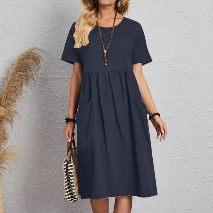Mira | Navy Short - Sleeve Gathered Midi Dress - Benjamin New York