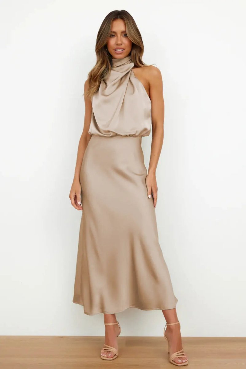 Elena | Satin Halter - Neck Midi Dress - Benjamin New York