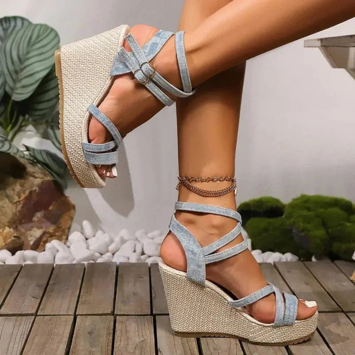Chloe™| Denim Wedged Heel Sandals - Benjamin New York