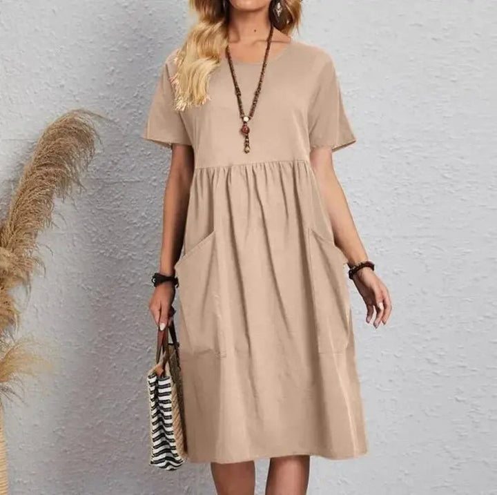 Mira | Navy Short - Sleeve Gathered Midi Dress - Benjamin New York