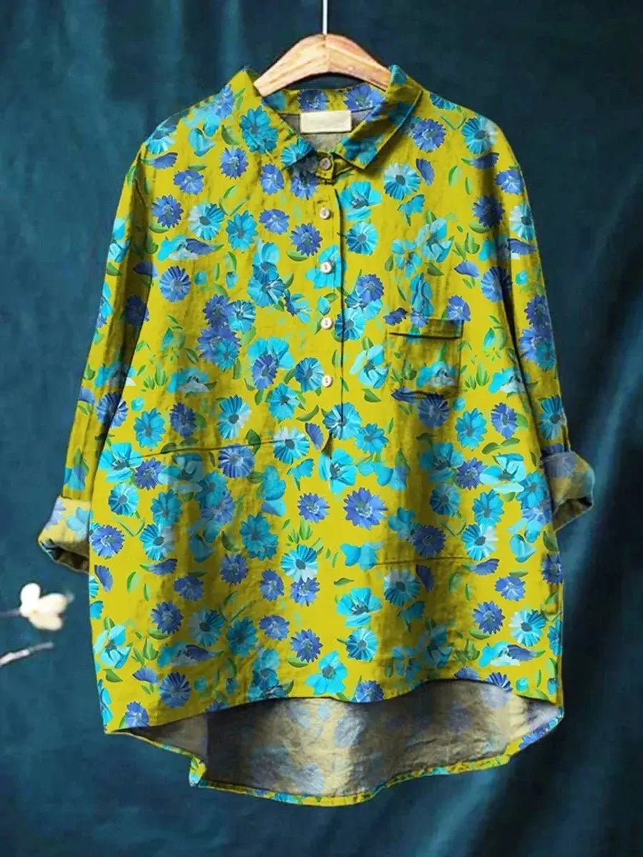 Marina | Blue Blossom Button - Up Linen Shirt - Benjamin New York