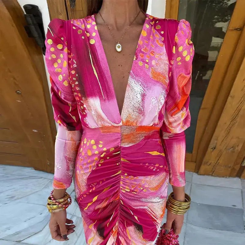 Valeria | Abstract Sunset Ruched Midi Dress - Benjamin New York