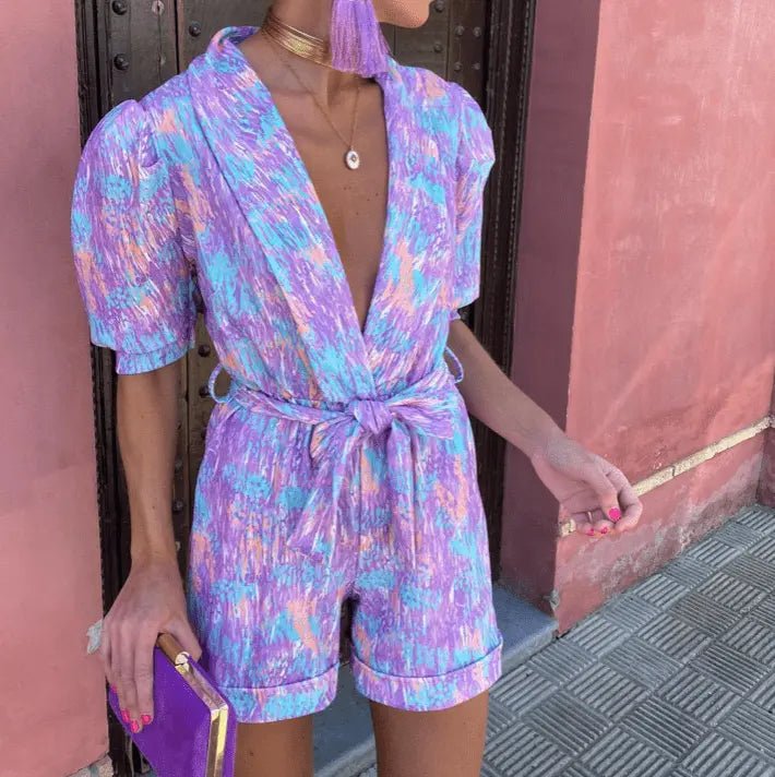 Lyla | Bright Abstract Belted Summer Playsuit - Benjamin New York