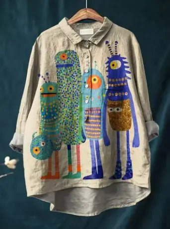 Ayleen | Floral Dog Art Linen Blouse - Benjamin New York