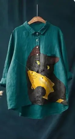 Clara | Curious Cat & Fish Embroidered Shirt - Benjamin New York
