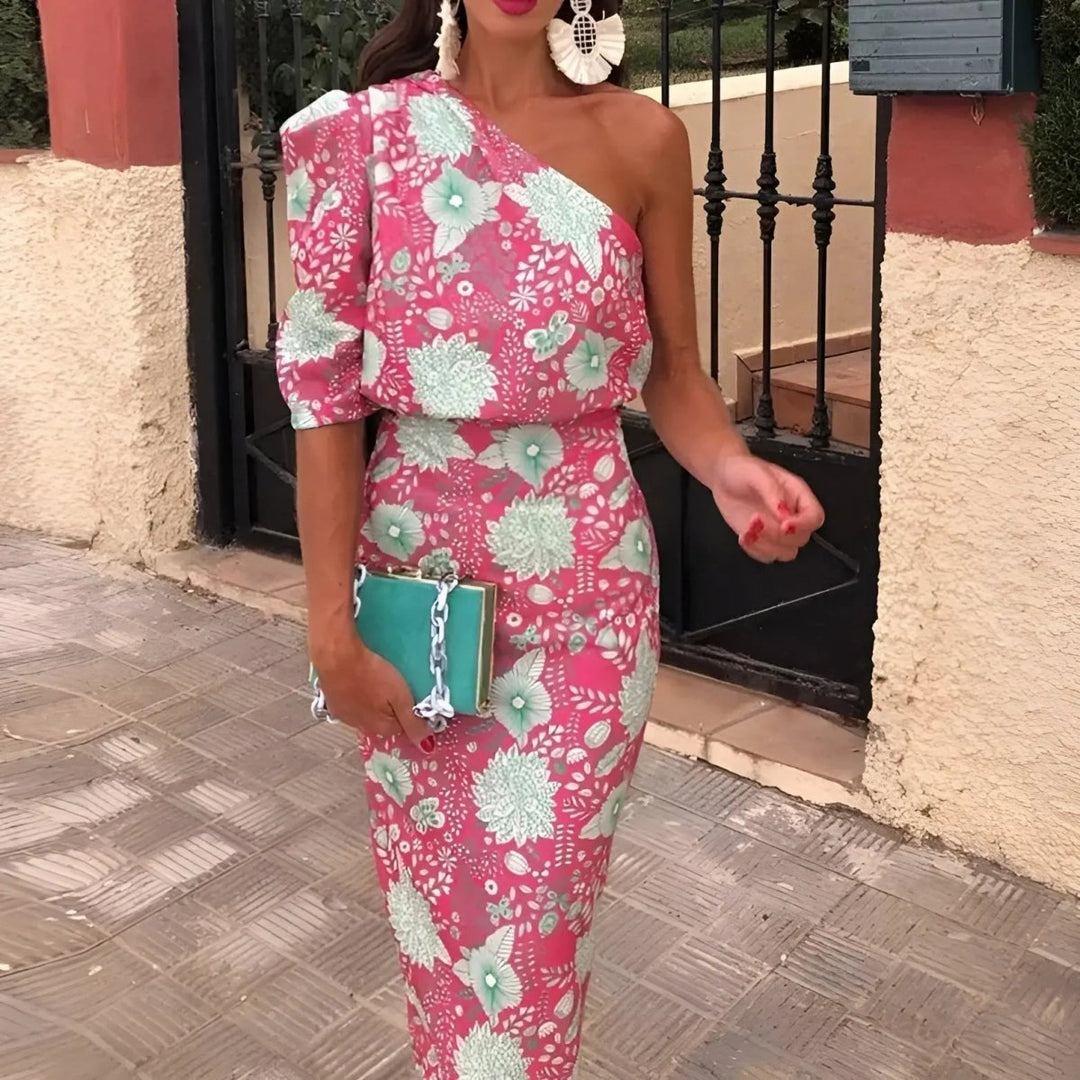 Isla | Elegant One - Shoulder Floral Midi Dress - Benjamin New York