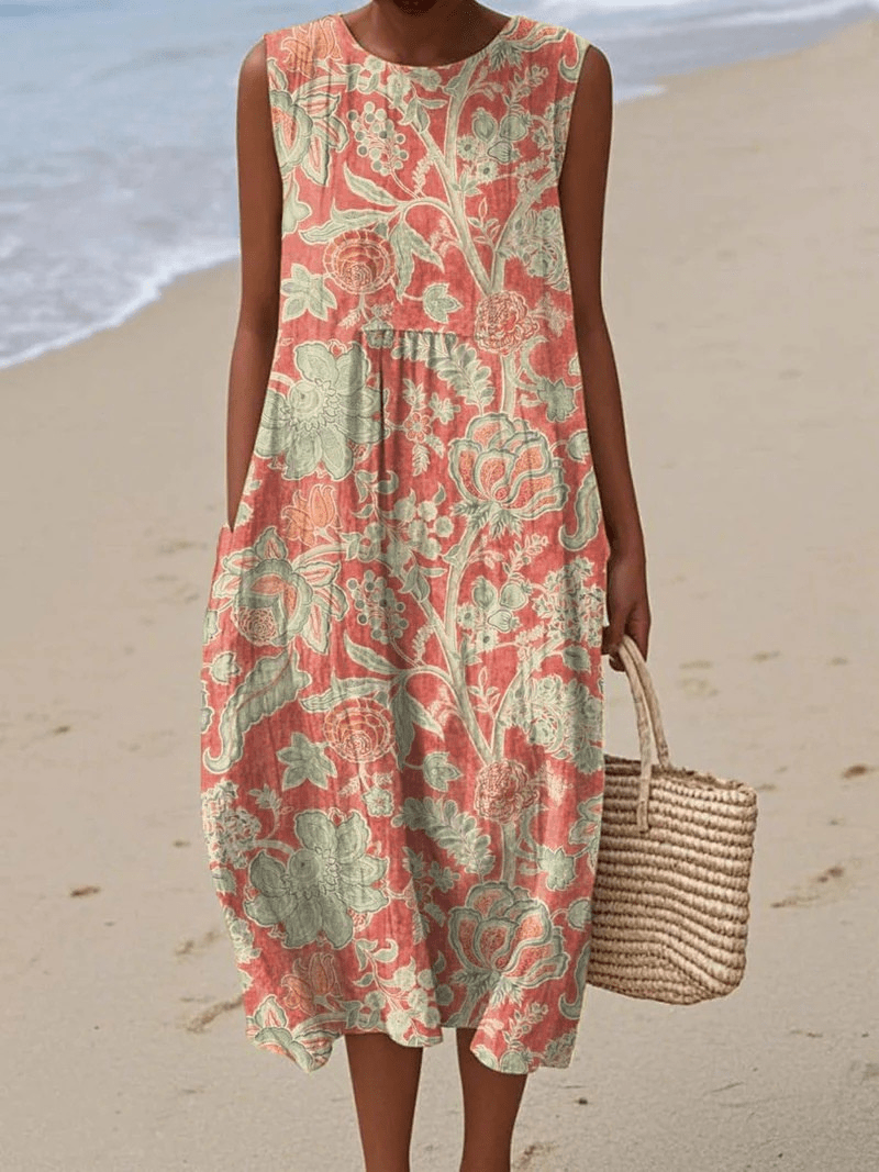 Women's Sleeveless Wrap Dress with Vintage Floral Art Print and Pockets - Benjamin New York