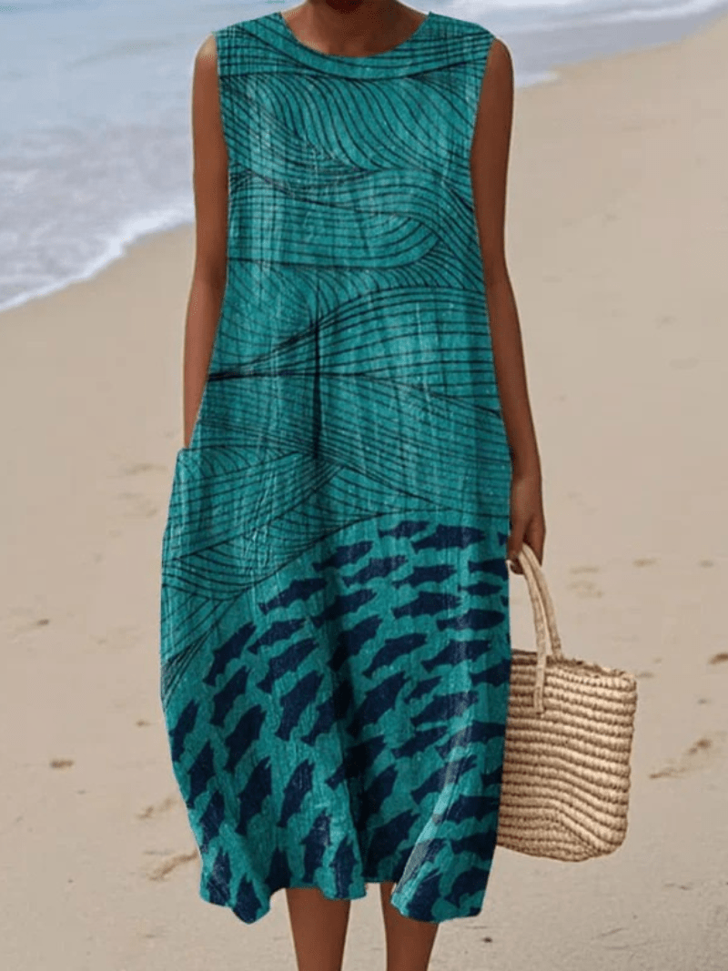 Women's Sleeveless Wrap Dress with Ocean and Fish Art Print and Pockets - Benjamin New York