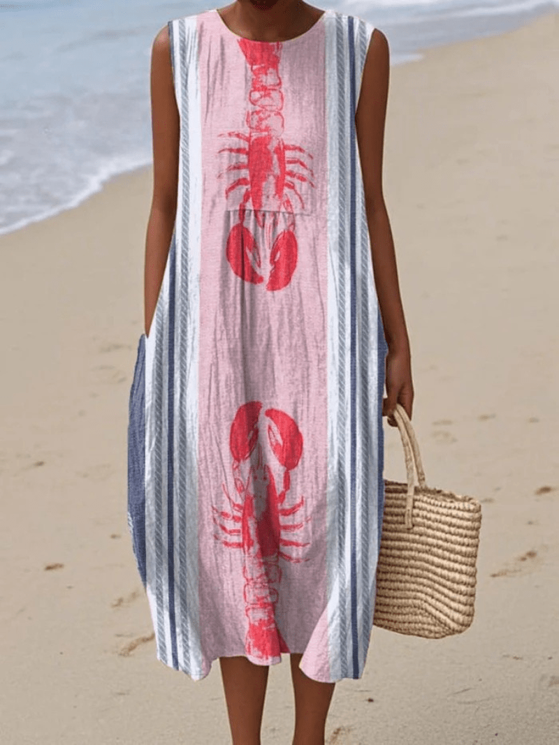 Women's Sleeveless Wrap Dress with Charming Lobster Art Print and Pockets - Benjamin New York