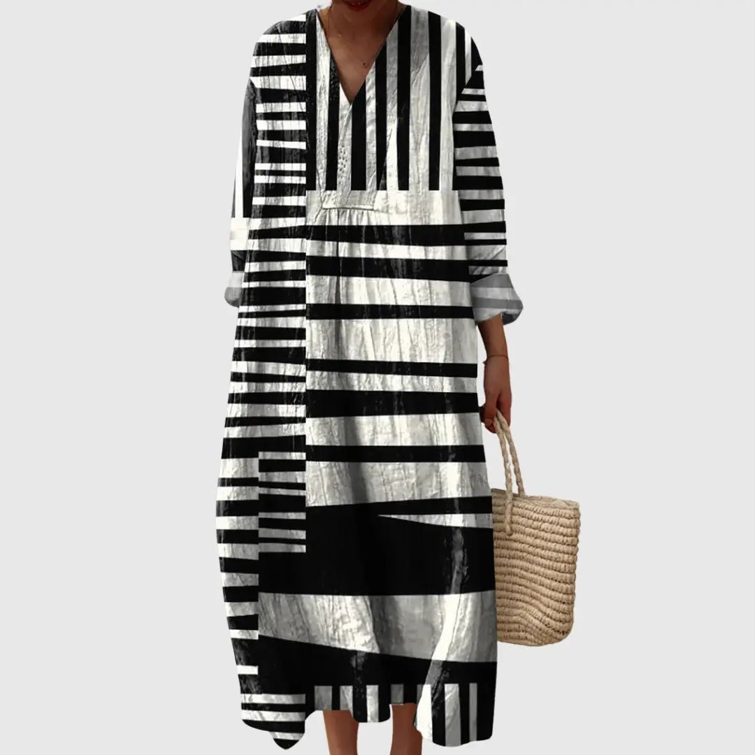 Malia | Monochrome Art Stripe Maxi Dress - Benjamin New York