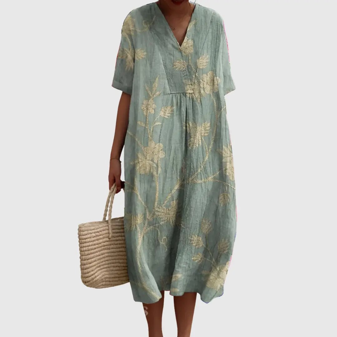 Iris | Sage Vine Embroidered Midi Dress - Benjamin New York