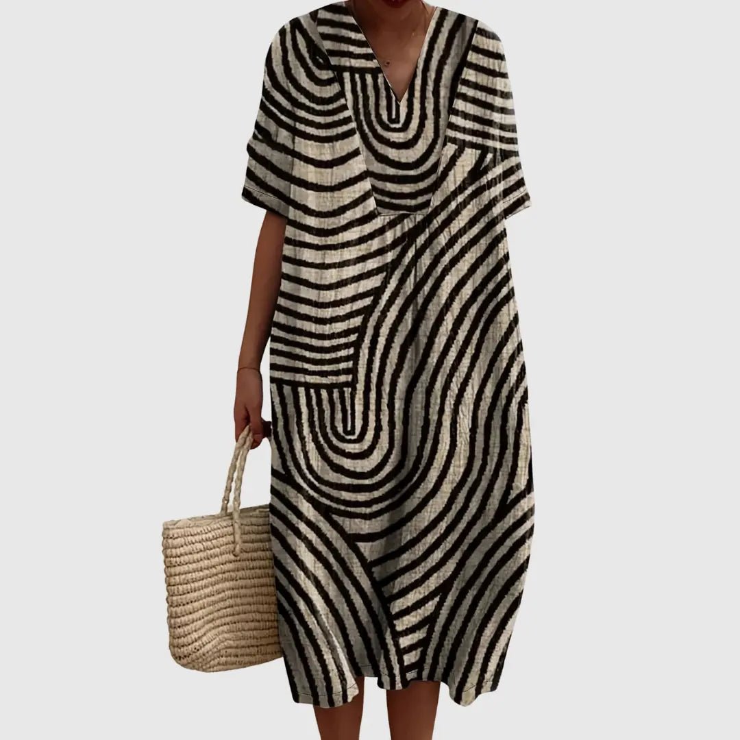 Greta | Monochrome Maze Print Midi Dress - Benjamin New York