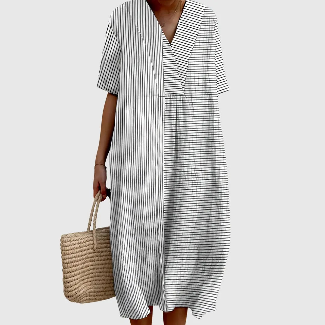 Harlow | Monochrome Stripe Panel Midi Dress - Benjamin New York
