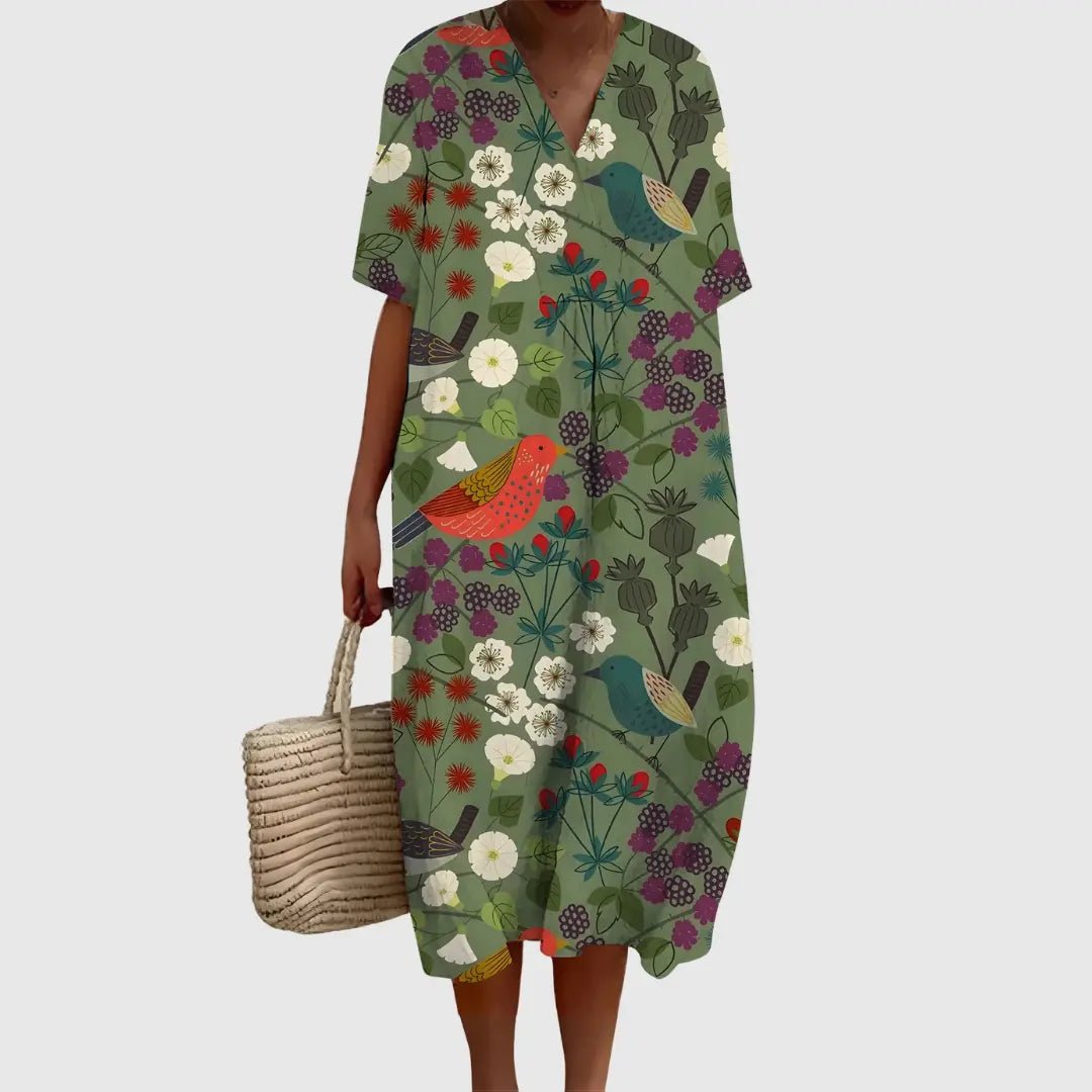 Ainsley | Woodland Songbird Print Midi Dress - Benjamin New York
