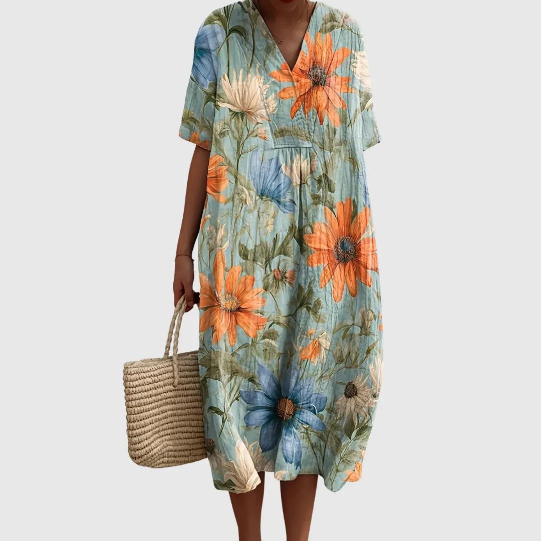 Flora | Sun - Kissed Meadow Floral Midi Dress - Benjamin New York