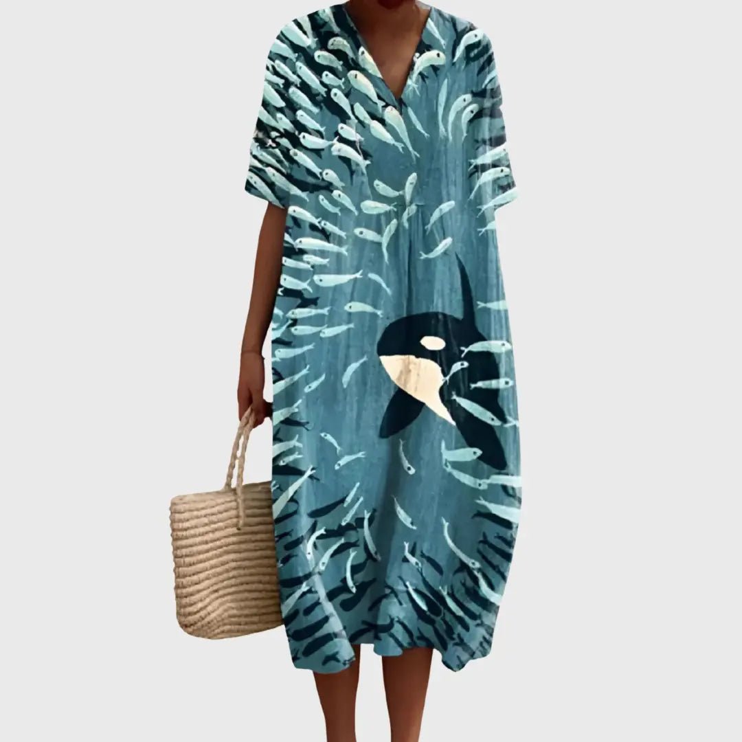 Nia | Ocean Dance Orca Print Midi Dress - Benjamin New York