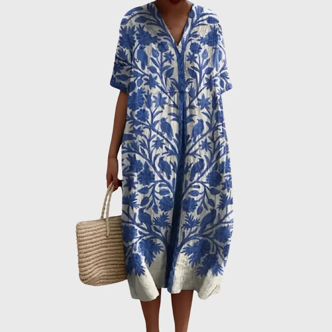 Isobel | Delft Blue Botanical Midi Dress - Benjamin New York