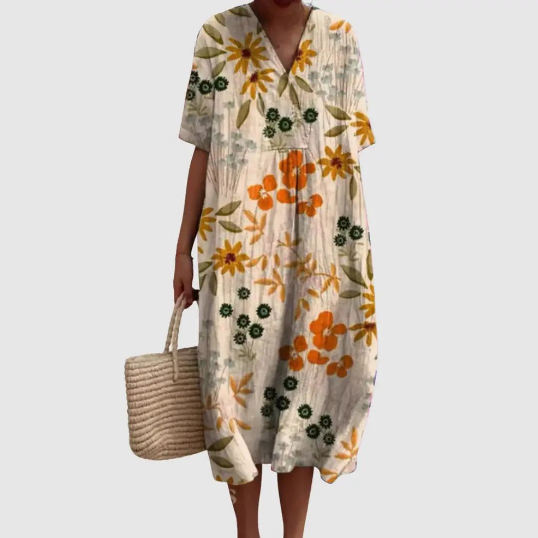 Jasmine | Golden Bloom Vintage - Style Midi Dress - Benjamin New York
