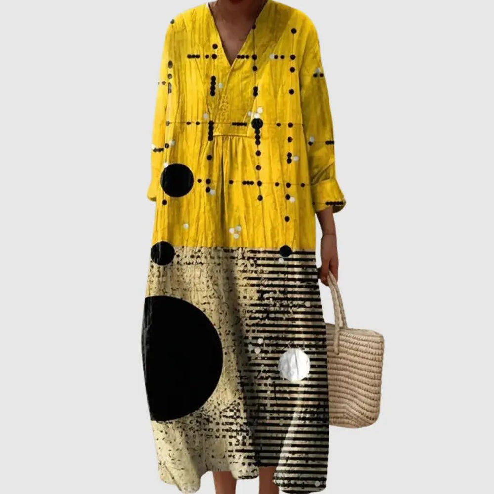Evangeline | Modern Dot & Line Long Sleeve Midi Dress - Benjamin New York