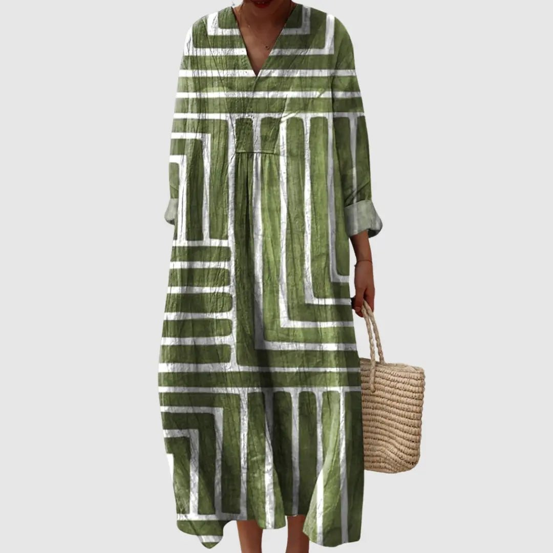 Faye | Olive Maze Long Sleeve Midi Dress - Benjamin New York