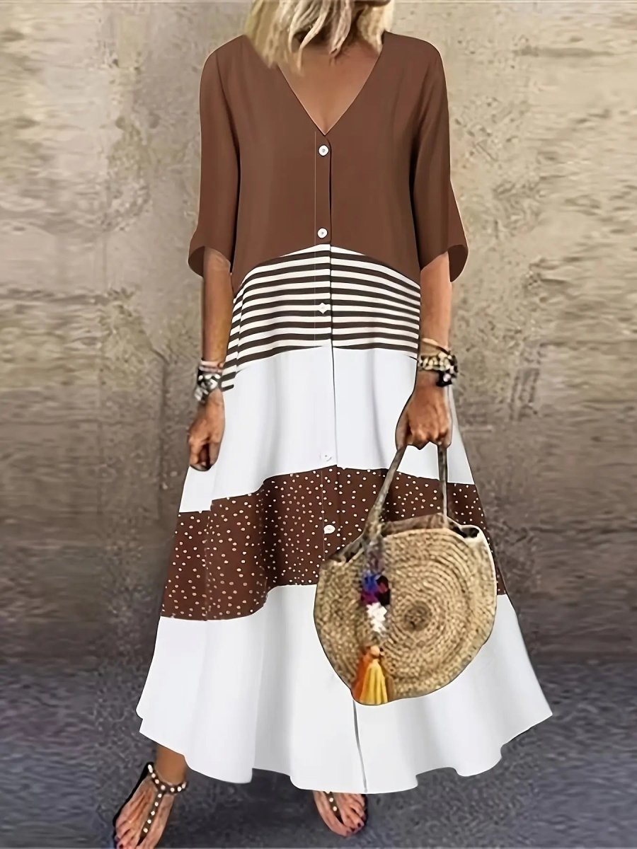 Paige | V - Neck Button - Front Panel Maxi Dress - Benjamin New York