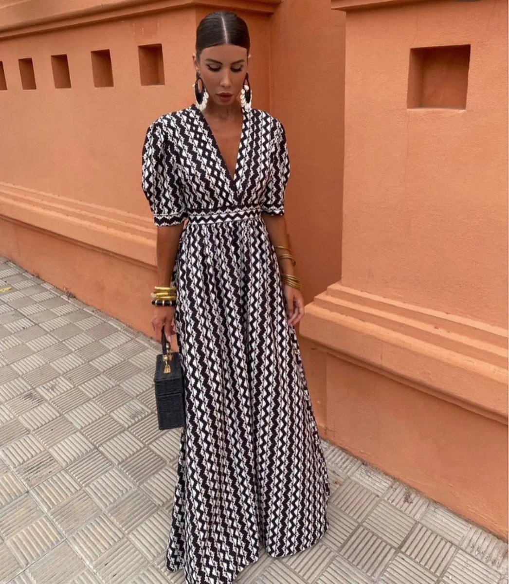 Allegra | Monochrome Zigzag V - Neck Maxi Dress - Benjamin New York