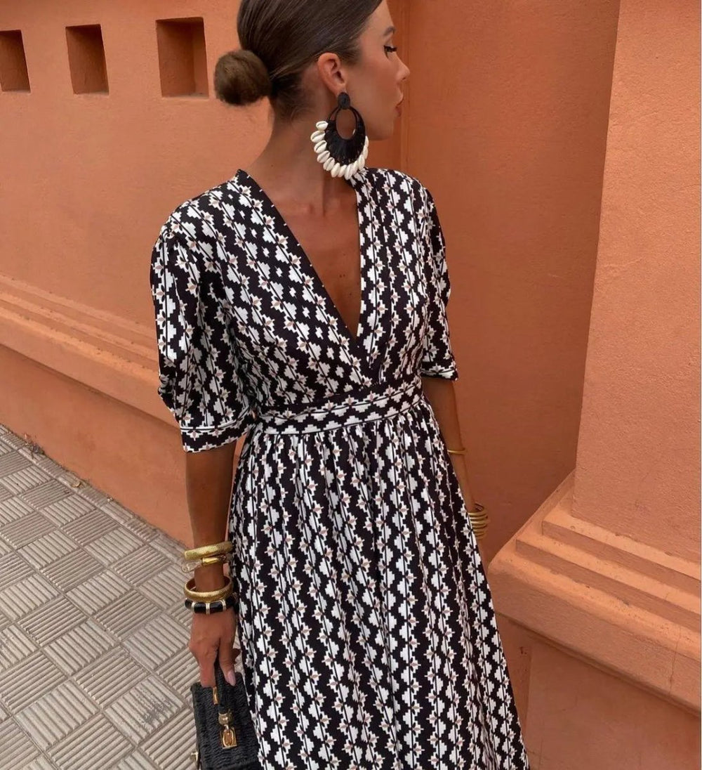 Allegra | Monochrome Zigzag V - Neck Maxi Dress - Benjamin New York