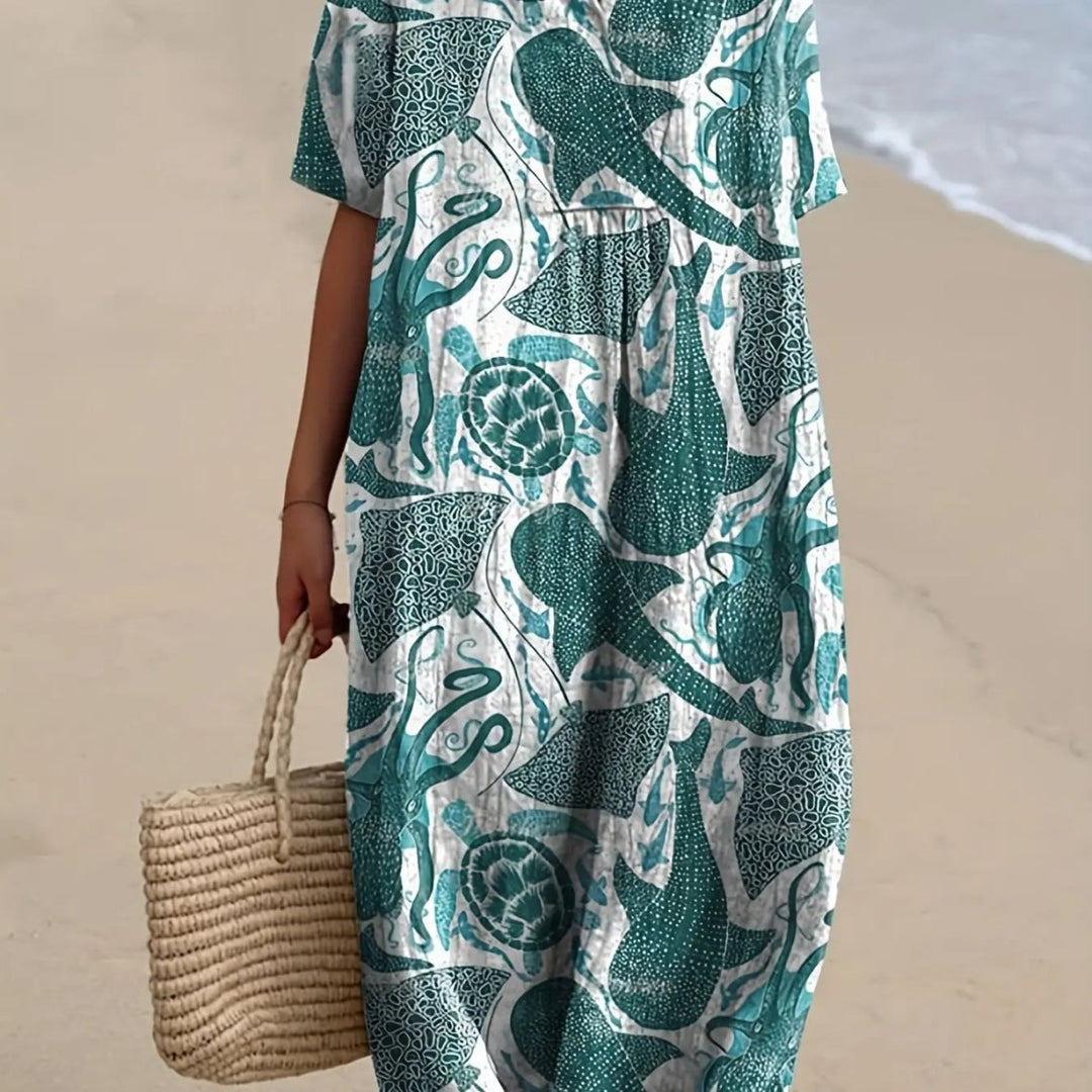 Nerissa | Ocean Life Print Relaxed Midi Dress - Benjamin New York