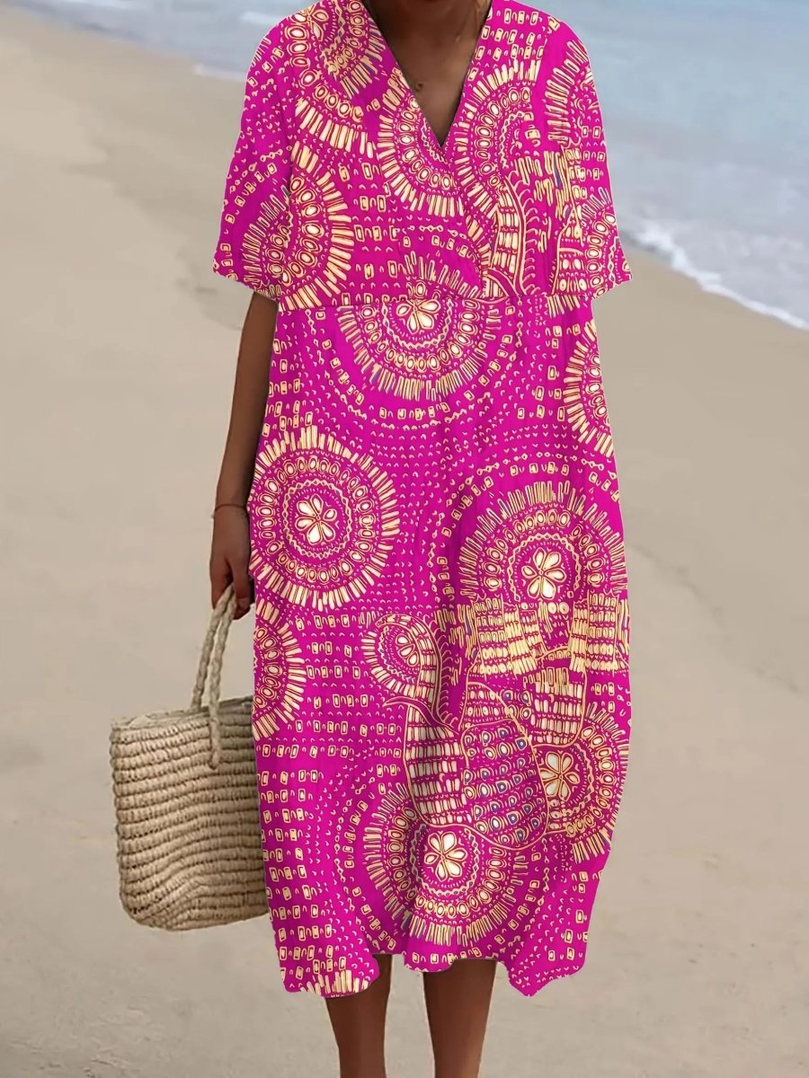 Talia | Radiant Fuchsia Tribal Midi Dress - Benjamin New York