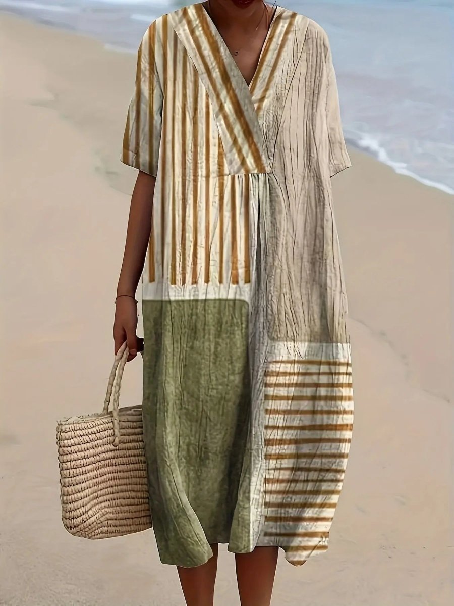 Harriet | Earth - Tone Stripe Panel Midi Dress - Benjamin New York