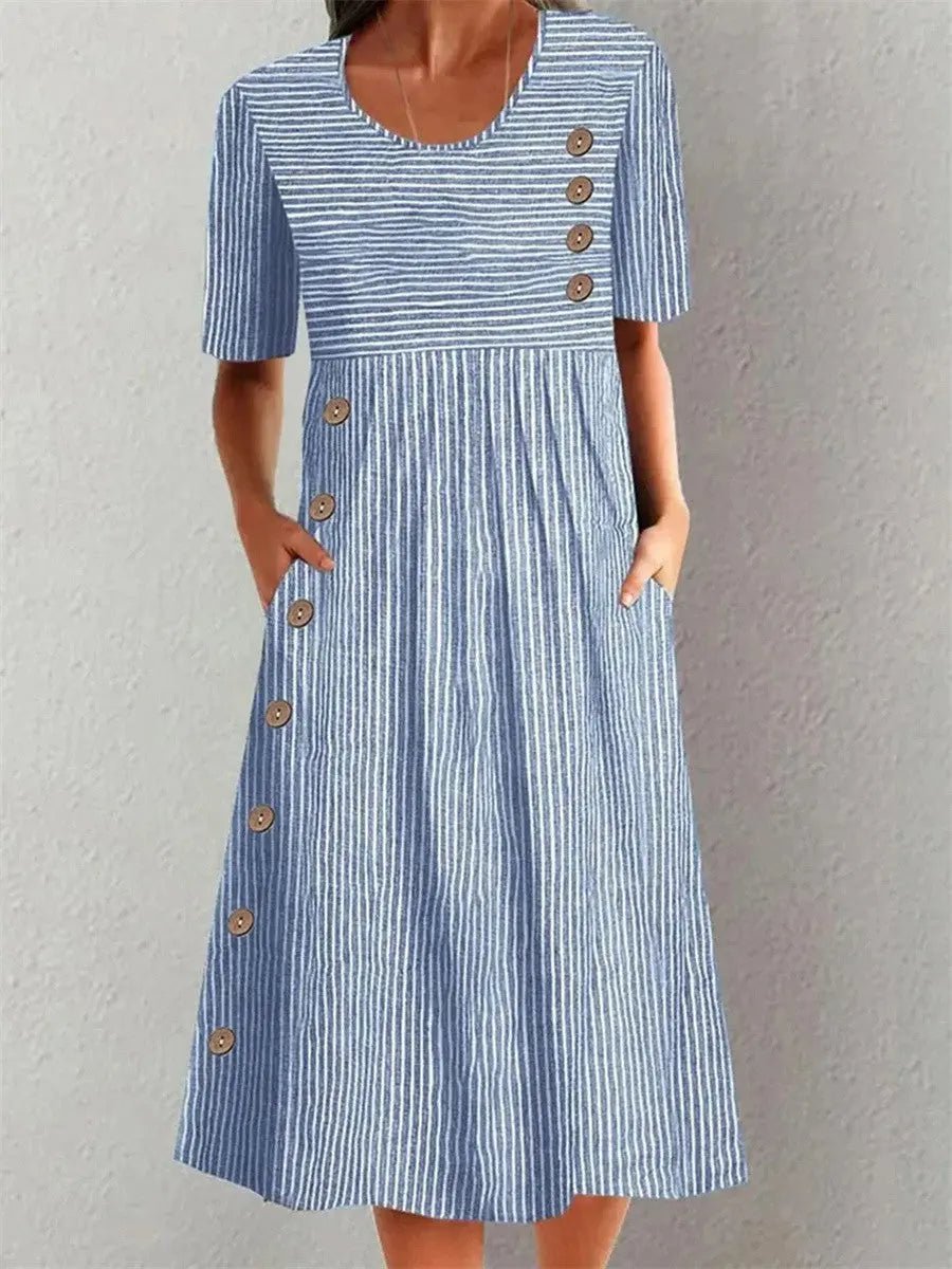 Nora | Striped Button Accent Day Dress - Benjamin New York