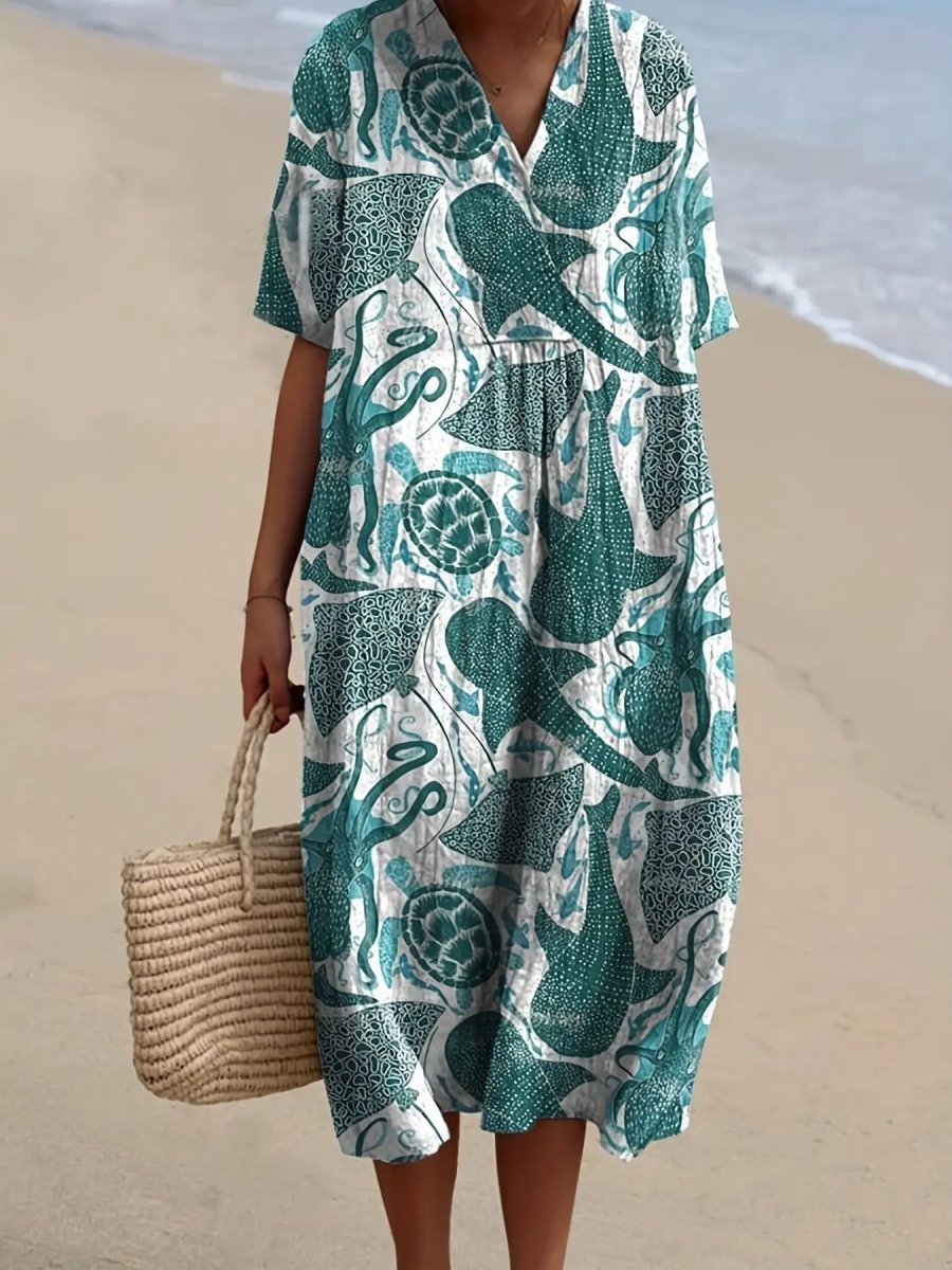 Cleo | Sea Creature Print Relaxed Midi Dress - Benjamin New York