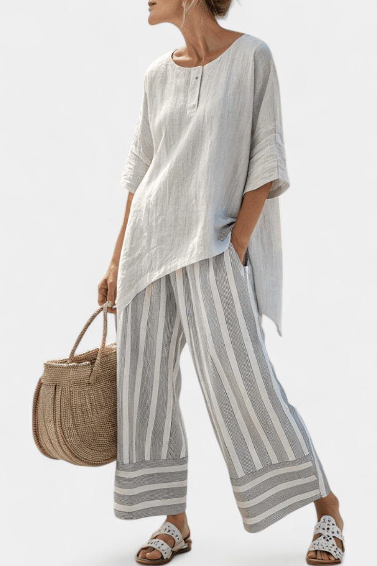 Talvora | Elegant Asymmetrical Blouse & Striped Pants - Benjamin New York
