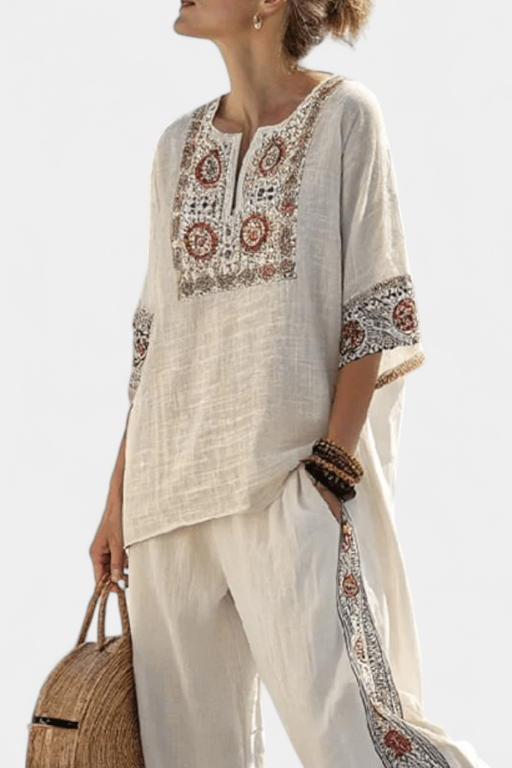 Tameric | Sophisticated Embroidered Raw Blouse & Wide Pants - Benjamin New York