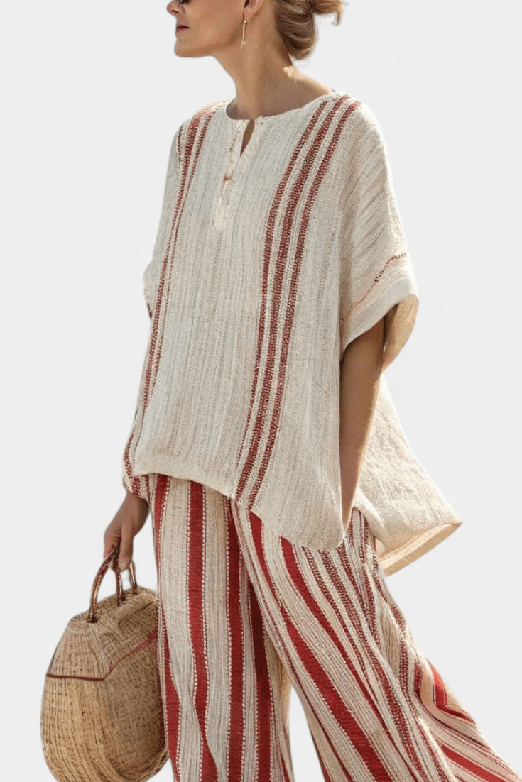 Mirella | Sophisticated Textured Red - Stripe Top & Linen Pants - Benjamin New York