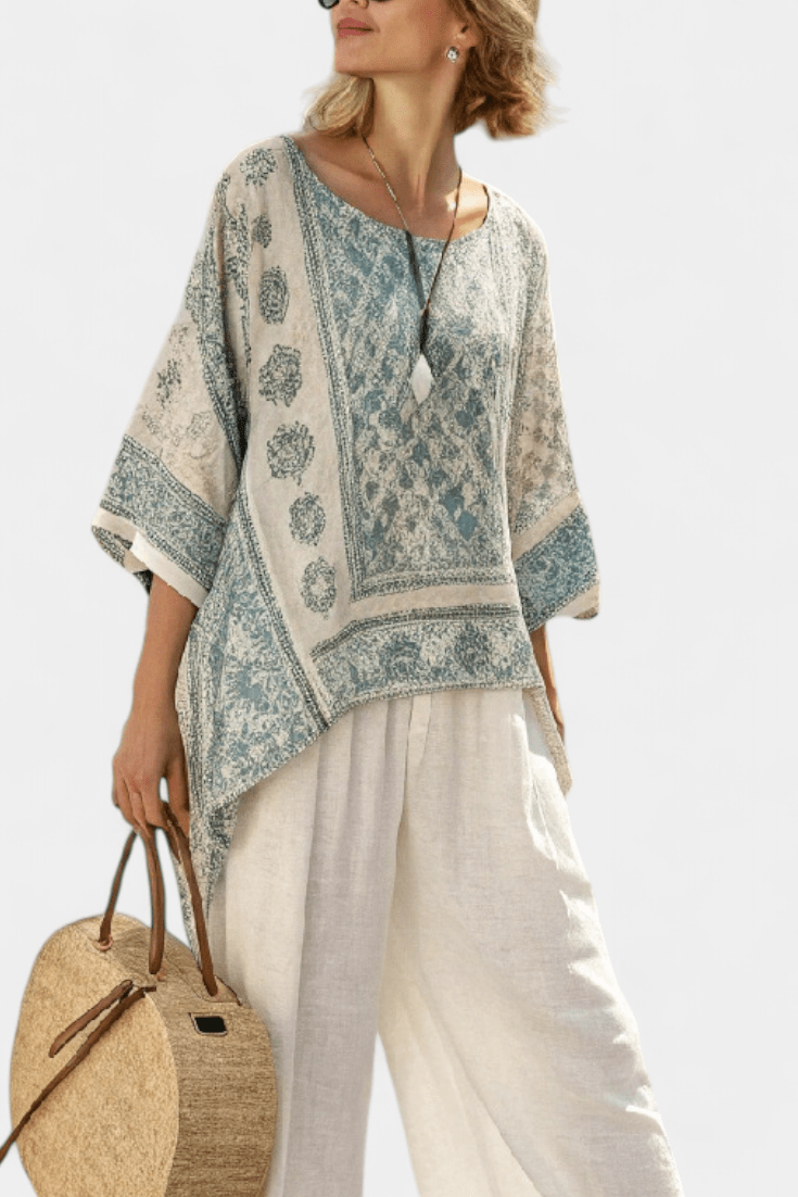 Quinley | Comfortable Printed Blouse & Wide - Leg White Pants - Benjamin New York