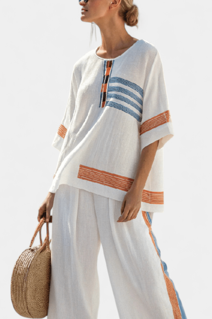 Marcellin | Sophisticated Blue - Orange Striped Top & Pants - Benjamin New York
