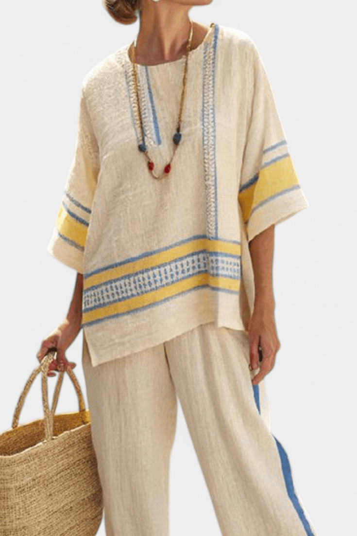 Jaxmere | Comfortable Blue - Yellow Mediterranean Top & Linen Pants - Benjamin New York