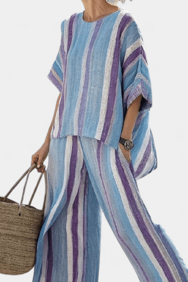 Faelith | Elegant Mauve Pastel Top & Striped Linen Pants - Benjamin New York