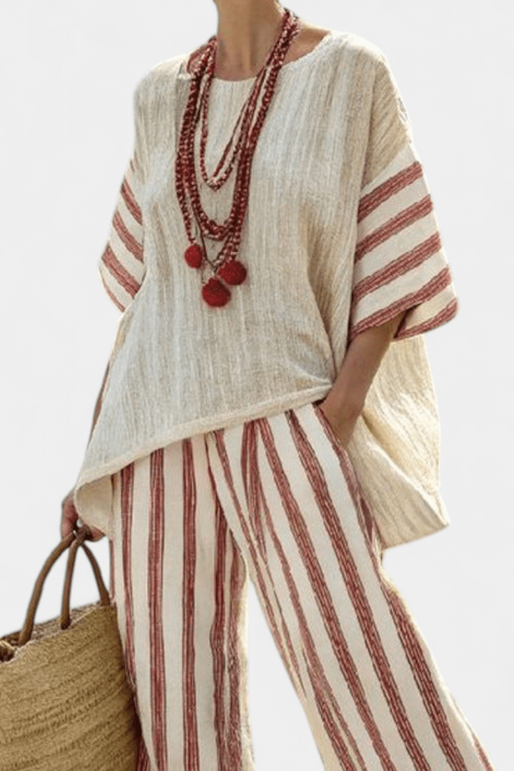 Braelith | Elegant Rustic Striped Top & Cream Linen Pants - Benjamin New York