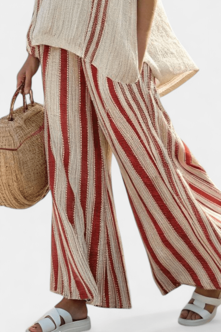 Mirella | Sophisticated Textured Red - Stripe Top & Linen Pants - Benjamin New York