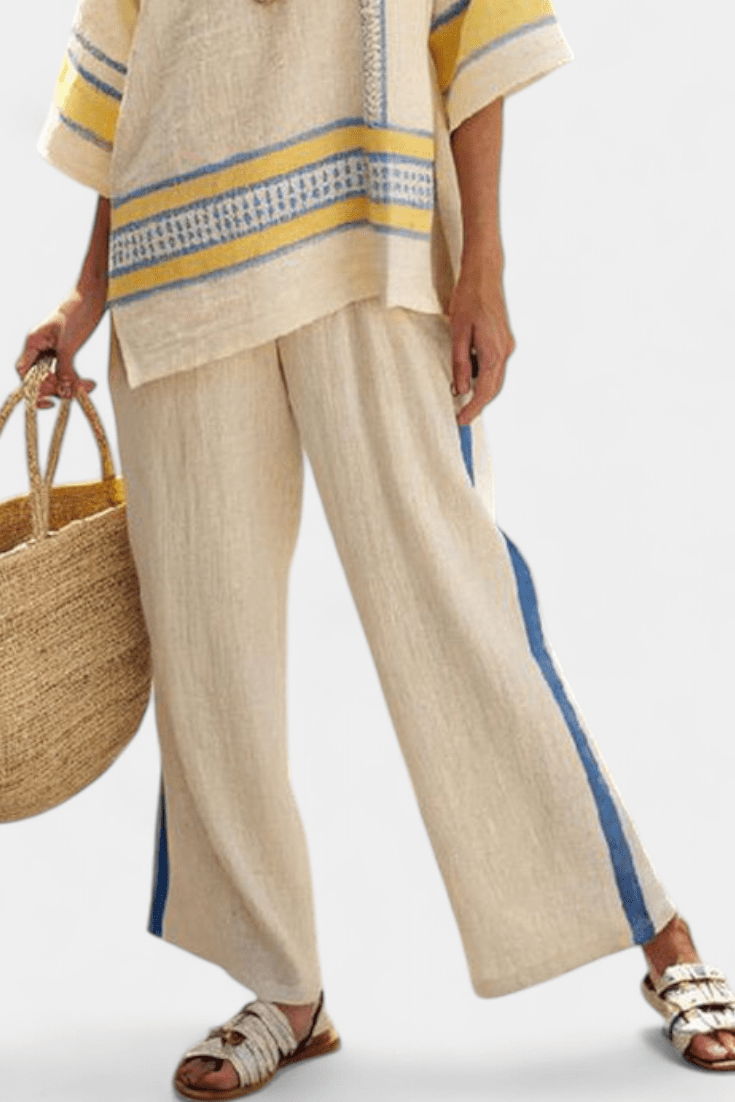 Jaxmere | Comfortable Blue - Yellow Mediterranean Top & Linen Pants - Benjamin New York