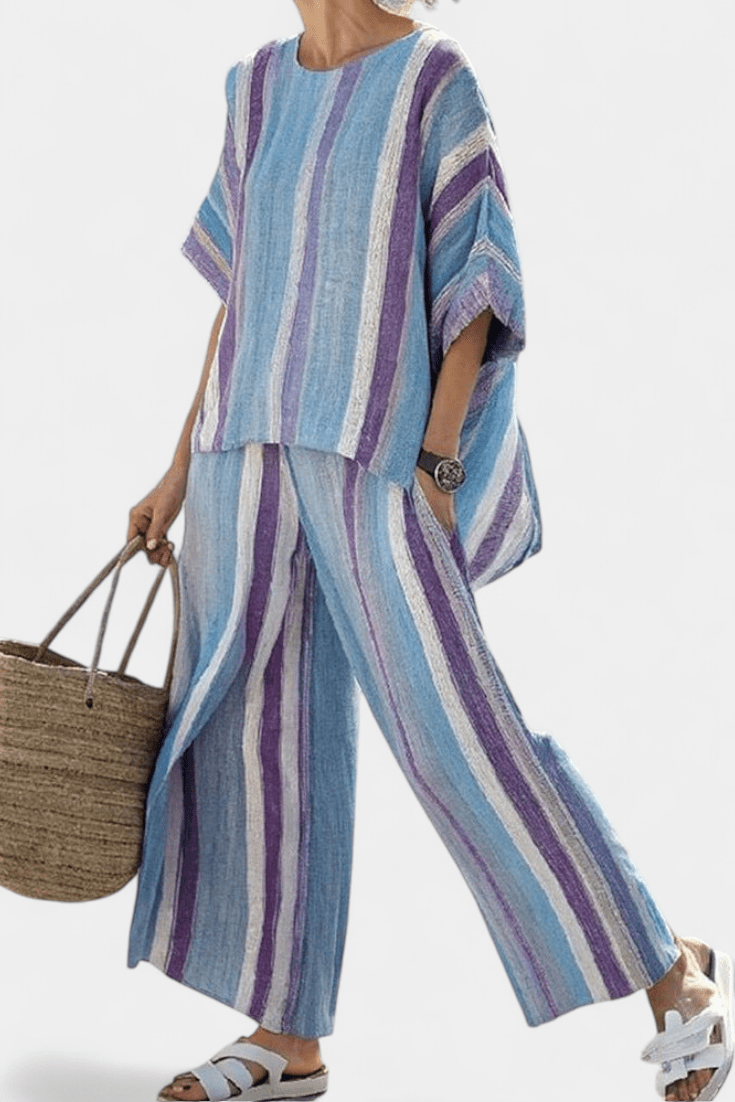 Faelith | Elegant Mauve Pastel Top & Striped Linen Pants - Benjamin New York