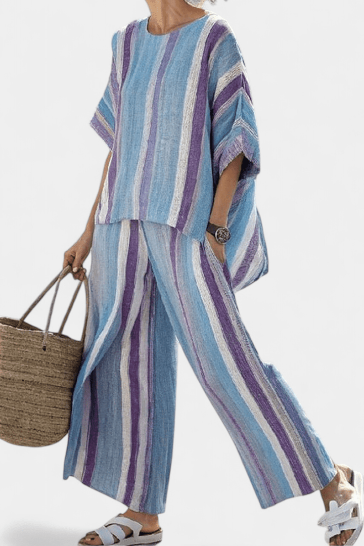 Faelith | Elegant Mauve Pastel Top & Striped Linen Pants - Benjamin New York